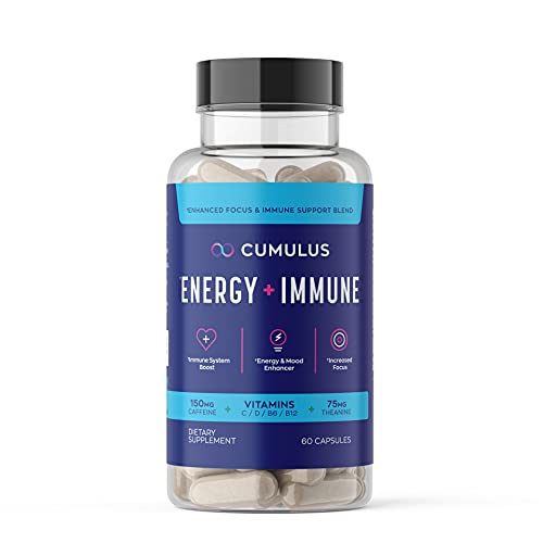 Cumulus Caffeine Pills with Vitamins & Theanine (60 Day Supply), 150mg Caffeine & 75mg Theanine, Vitamins C, D3, B6, & B12, Energy Supplement for Focus, Immune Boost & Concentration, 100% Vegan