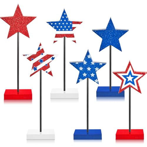 6Pcs Patriotic Memorial Day Tiered Tray Decor Veterans Day Wooden Star...