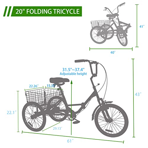 KNUS Adult Folding Tricycle,20 inch Single Speed Foldable Trikes,3 Wheel Cruiser Bikes with Large Rear Basket for Women, Men,Seniors Exercise Shopping