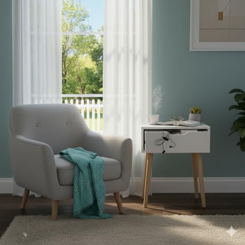 Image of Modern White Bedside Table with 1 Drawers & Wooden Legs | Compact Nightstand for Bedroom | Scandinavian Style Side Table with Storage for Home Living Room (White, 1 Drawer)
