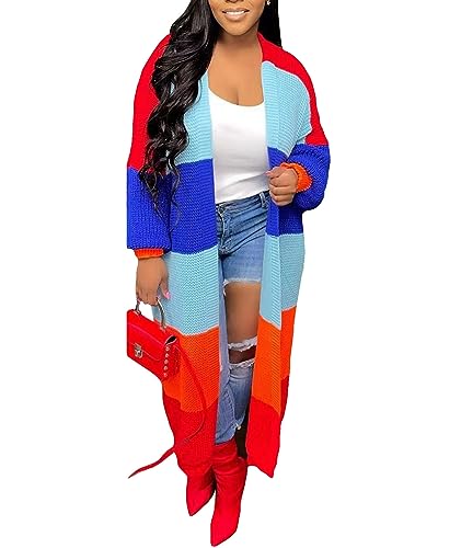 Image of SOMTHRON Women's Fall Cardigan Sweater Open Front Color Block Striped Knit Long Draped Coat Duster Outerwear