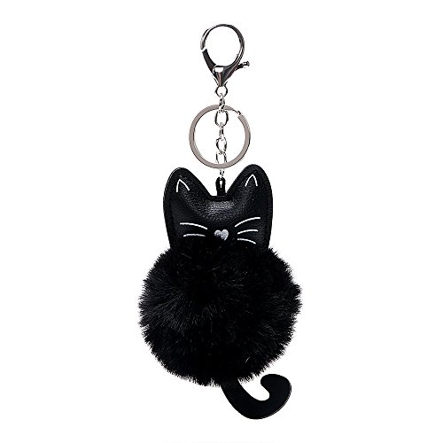 Preisvergleich Produktbild iTimo Schlüsselanhänger Kunstfell Schlüsselanhänger, Auto Schlüsselanhänger PU Leder flauschig Auto Zubehör Katze Kopf Puppe Schlüssel Ring für Mädchen Frau (Schwarz)