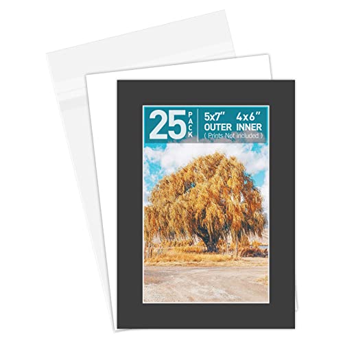 Golden State Art, Acid Free, Pack Of 25 5X7 Black Picture Mats Mattes With White Core Bevel Cut For 4X6 Photo + Backing + Bags #TOP28