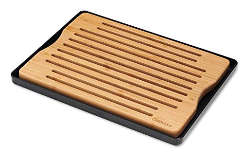 Ollimako - Tabla de cortar para pan con funda para migas de bambú con bandeja recogedora (negro)