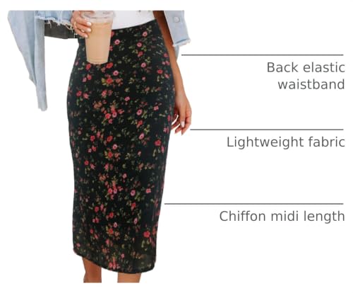 Image of HERBATOMIA Women's Floral Print Midi Skirt Casual High Elastic Waist Zipper Vintage Long Boho Skirts for Women