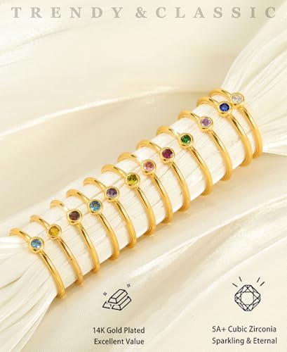 Birthstone Rings for Women Non Tarnish 14K Gold Plated Sterling Silver Stackable Birthday Gifts for Mom Dainty Emerald Green Blue CZ Gemstone Ring for Mothers Daughter Bridesmaid Gifts Jewelry4