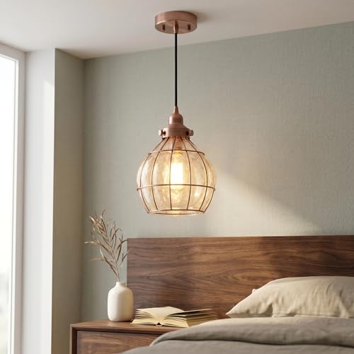 Image of YUBOLE Kitchen Pendant Light Red Antique Copper with Cracked Glass Shade