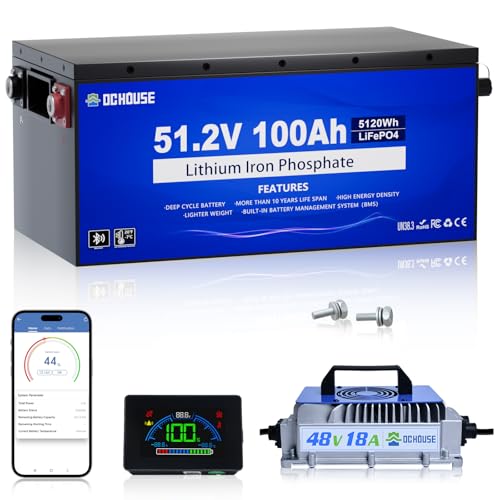 DC HOUSE Metal Case 48V 100Ah Pro Lithium Golf Cart Battery, 200A BMS Lifepo4 Battery with 48V 18A Charger, Bluetooth Mobile APP & LCD Monitor, Peak Current 700A