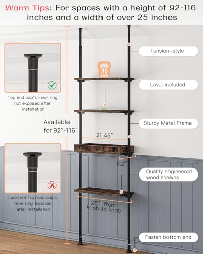 ALLZONE 4-Tier Over The Toilet Storage Shelf, Wood Bathroom Organizer Over Toilet Cabinet with Adjustable Shelf, Versatile Rack Fits Most Tight Space, Easy Assembly, 92" to 116" Height, Rustic Brown