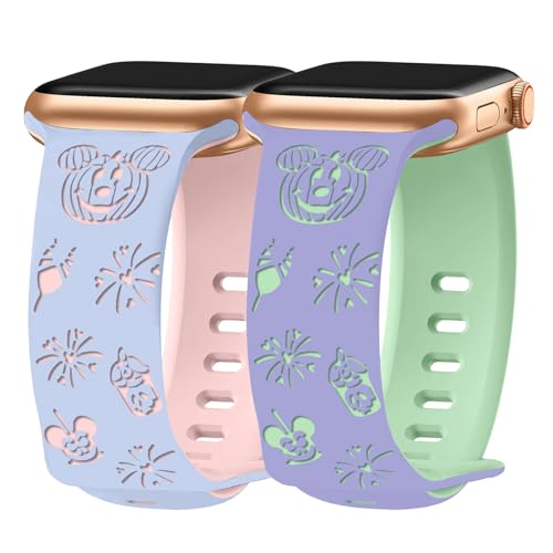 Kimiyaki 2 Pack Cartoon Engraved Bands for Apple Watch Band 38mm 40mm 41mm 42mm 44mm 45mm 46mm 49mm Women, Cute Two-Tone Soft Silicone Sport Strap for iWatch S10 9 8 7 6 5 4 3 2 1 SE Ultra