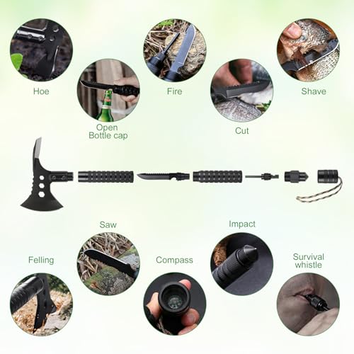 17.7" Portable Survival Axe & Camping Hatchet, Stainless Multitool Tomahawk w/Detachable Handle, Knife, Hoe, Flint, Whistle & Compass for Hiking, Backpacking, Emergency Gear - image 4