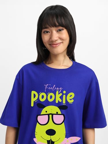 Image of JUNEBERRY 100% Pure Cotton Oversized Loose Baggy Fit Drop Shoulder Half Sleeve Round Neck Cool Front Teddy Printed Cork & White T-Shirt for Women /Girls (Available in from S to 2XL)