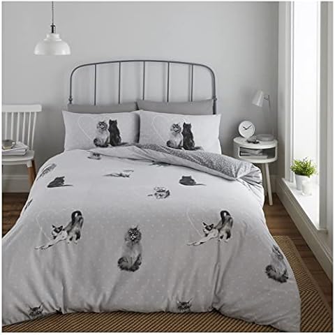 VELVETIO Luxury Kitty Cat Duvet Set with Matching Pillowcases, Easy Care Animal Printed Cats Bedding Bed Sets, Hypoallergenic Kids Love Heart Quilt Cover, 3 Pcs King, Grey Cover