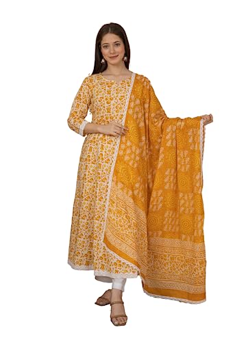 Image of MEERA FAB Women's Cotton Printed Anarkali Kurta with Palazzo & Dupatta Set