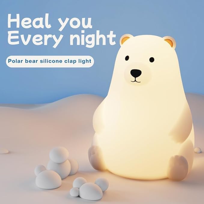 Miniatura 2 de Polar Bear - Luz nocturna de silicona para dormitorio de niños y guardería, control de grifo, 3 brillo ajustable, recargable por USB, lámpara LED de