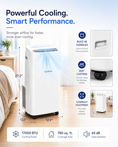 Image of Coolblus Portable Air Conditioner 17000 BTU, WiFi Smart AC Unit for Rooms Up to 780 Sq.Ft, 3-in-1 Portable Air Conditioner with Cooling, Remote Control, Auto Swing, White-17000BTU-WIFI