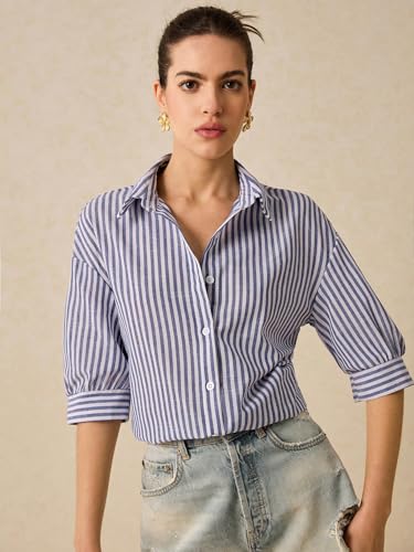 Image of IndoPrimo Women's Classic Fit Striped Print Poly Cotton Shirt with 3 /4 Sleeve Mandarin Neck Standard Length and Button Down Closure Type