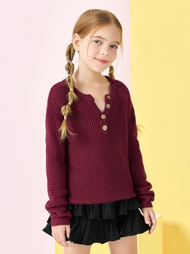 Image of rrhss Girls Waffle Knit Sweaters Trendy Henley Button V Neck Long Sleeve Pullover Jumper Tops