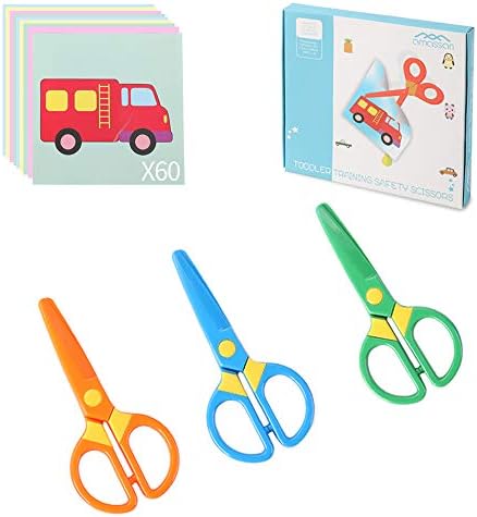 Plastic Safety Scissors, Toddlers Training Scissors, Pre-school Training Scissors and Offices Scissors (3pcs) Kids Paper-Cut (60 Sheets)