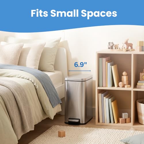 Image of iTouchless 3 Gal Kids Room Wastebasket | Step Pedal Trash Can | Silver | Foot-Operated Lid Opens Instantly | Whisper-Quiet AirNova Damper | Removable Liner Bucket | Neutral Tone Fits Bedroom Decor
