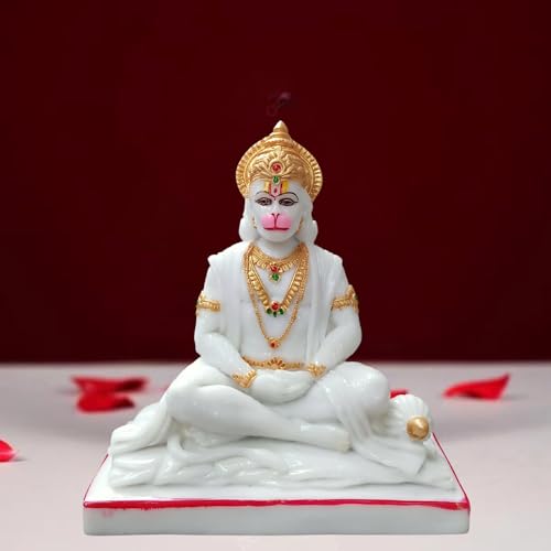 Image of Hanuman Ji Statue Sitting Idol Bajrangbali Murti Gift Article Decorative Showpiece. Beautifully Handcrafted Marble Panchmukhi Hanuman Ji for Home Temple (White-10 Inch)