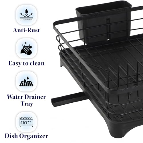 Image of Kuber Industries Stainless Steel Kitchen Drying Rack with Drain Tray & Cutlery Holder | Countertop Utensils Stand | Dish Rack for Kitchen | Bartan Stand | Black