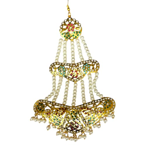 Image of Gold Look Copper Jadau Wedding Jhumar Passa Multi Color stone with White Perl Beads | Jhoomar Maang Tikka for Women