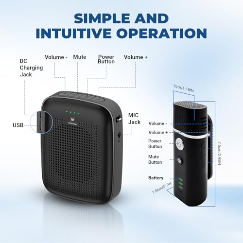 Image of WinBridge A006 Voice Amplifier with Wireless Lapel Microphone 15W | Bluetooth Clip-On Mic for Teachers, Yoga & Tour Guides, 49 ft Wireless Range, Bluetooth Audio, USB Playback, 15 hr Battery