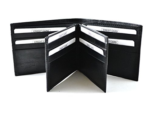 Genuine Leather Men's Wallet 2 Flips, 18 Cards slot, Black