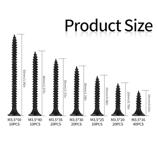 XKQYX 130 Pcs Self Tapping Wood Screws, M3.5 Black Flat Cross Head, Assorted Sizes (16mm/20mm/25mm/30mm/40mm/50mm), Drywall - Image 2