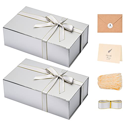 Image of LIFELUM Large Gift Boxes with Lids, 2 Pack 13.8 x 8.3 x 4.4 inch Silver Gift Boxes with Ribbon, Card, Shredded Paper Filler for Presents, Graduation, Christmas, Birthdays
