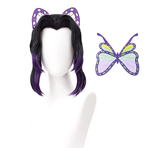 SL Kochou Shinobu Cosplay Wig + Butterfly Hair Clip for DS, Long Black Purple Wig Anime Hair Wigs with Cap for Halloween Costume Party