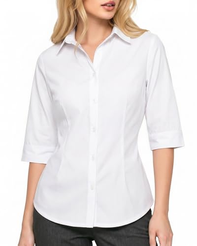 Image of ALGALAROUND Womens Blouse 3/4 Sleeve Button Down Shirts Summer Casual Tops Ladies Fitted Dress Shirt for Business Work Office (White L)
