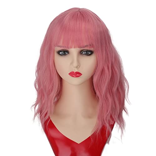 star soucre wigs 14 Inch Pink Wavy Bob Wig With Bangs, Short Curly Costume Wig for Party Cosplay, Soft Heat Resistant Synthetic Hair