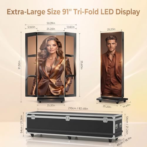 Image of 91 inch LED Digital Signage Display with Flight Case, Triple Foldable Spliceable LED Poster Screen,GOB Commercial Kiosk, Smartphone One-Cick Control, for Events, Rentals