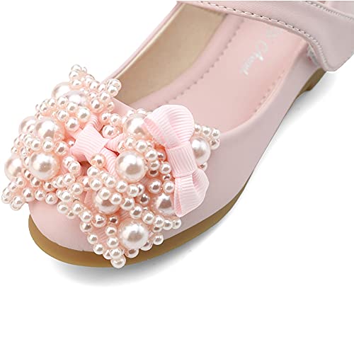Kid's Girl's Mary Jane Ballerina Flat Pearl Wedding Party Flower Girl Princess Dress Shoes with Bow2