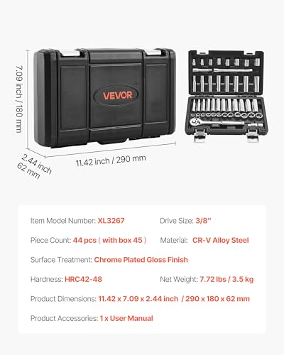 Image of VEVOR Socket Set, 44 Pieces, 3 /8 inch Drive Socket and Ratchet Set, SAE and Metric, Deep and Shallow, Mechanic Tool Kit with Accessories and Storage Case, CR-V Alloy Steel, for Automotive Repair