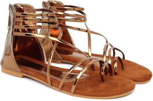 Image of Action Women's Bronze Gladiator Flat Sandals with Suede Sole & Multiple Straps