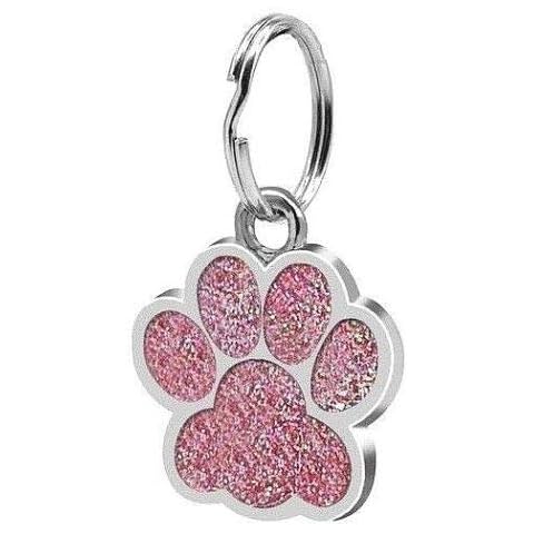 MY GIFT TREE Personalised Engraved 27mm Glitter Paw Print - Silver Finish Dog Pet Id Tag Design Quality Tags for Your Dogs with A Free Split Ring (Light Pink) Cover