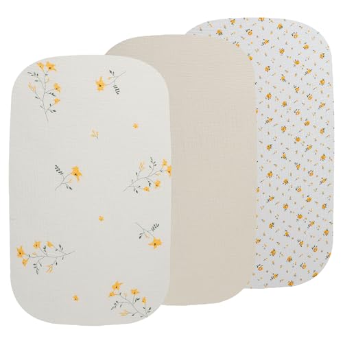 Image of Onacosht Muslin Bassinet Sheets 3 Pack, 35 inchx20 inch, Leaf and Floral Beige | Compatible with AMKE 3-in-1, MiClassic, Uiuwoo, Foalom, YADAQE, Milliard & TCBunny Bassinets, baby girl, 100% cotton