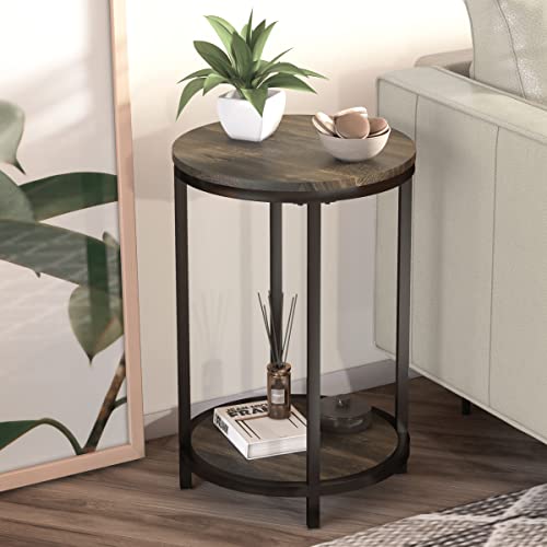 Image of NSdirect Round Side Table Set of 2,16in Rustic Wooden End Table Surface Top & Sturdy Metal Legs Nightstand for Living Room Bedroom Farmhouse Sofa Table with Storage Open Shelf,Rustic Brown