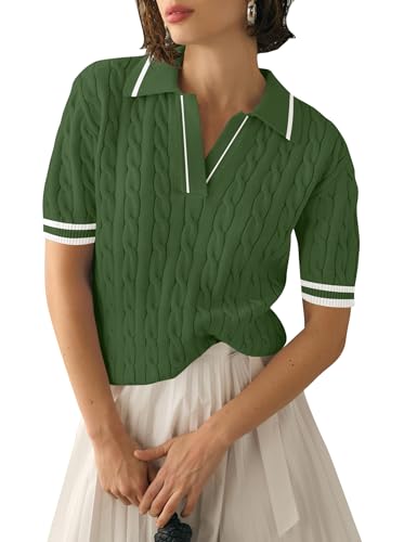 Image of Micoson Womens Short Sleeve Sweater Tops Lapel V Neck Polo Shirts 2026 Summer Cable Knit Loose Blouse Business Casual Outfits