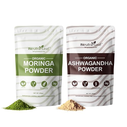 Image of NeutraLeaf Organic Moringa Powder 200g + Ashwagandha Powder 200g Combo | Energy, Stamina & Stress Support | 100% Natural Superfoods, Rich in Vitamins & Minerals