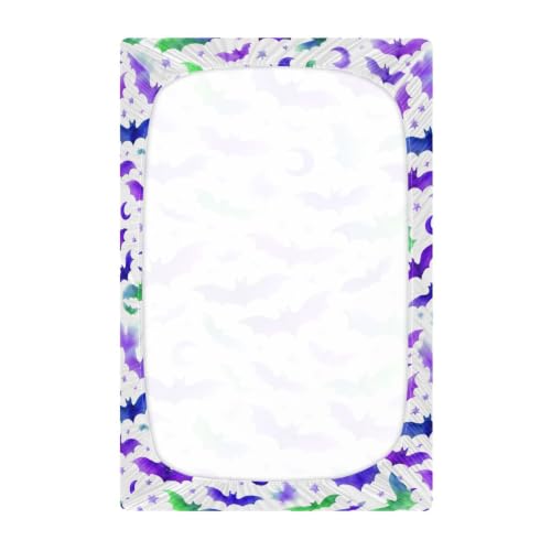 Image of Crib Sheet Breathable Soft Crib Mattress Sheet for Baby Toddler Boys Girls Fitted Pack n Play Crib Sheet Fit Standard Crib Mattress 39 x 27 Inch Purple Halloween Bats Stars