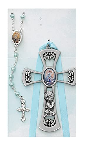 CatholicStore Praying Baby Boy Guardian Angel Cross & Rosary Set, Blue Ribbon, 3-1/2