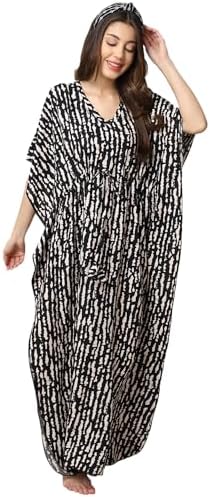 Claura Black Printed Maxi Nightdress for Women Kaftan Nighty Rayon Free Size/Kaftan