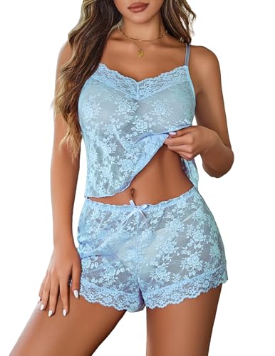 Image of Avidlove Sexy Pajama Set for Women Floral Lace Lingerie Set Sheer Sleepwear See Through Cami Shorts 2 Piece