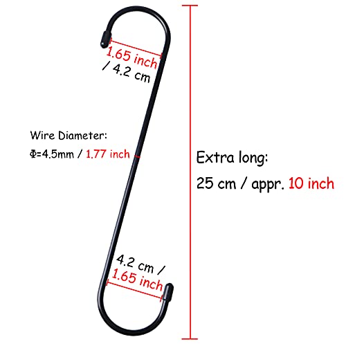 Image of YourGift 6 Pack 10 Inch Extra Long Heavy Duty S Hooks for Hanging Plant, Closet, Flower, Basket, Garden, Patio, Bird Feeder (Black)
