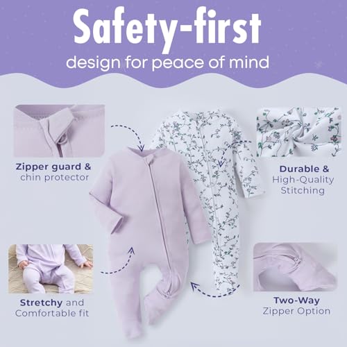 Baby Pajamas for Boys Girls, 2-Pack, Two Way Double Zipper Sleeve Footie Romper Clothes with Floral Design, 3-6 Month Sleeper & 100% Cotton PJs for Newborn3