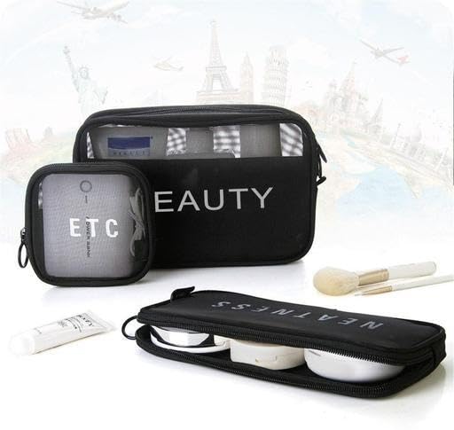 (ONLY POUCHES) Travel Nylon Mesh Makeup Bags Set 3 Pieces See Through Zipper Pouch Travel Cosmetic And Toiletry Kit Organizer Bag 3 Pack Of S M L 3-in-1-mkup-nvyblu-09-14 SB-P9280